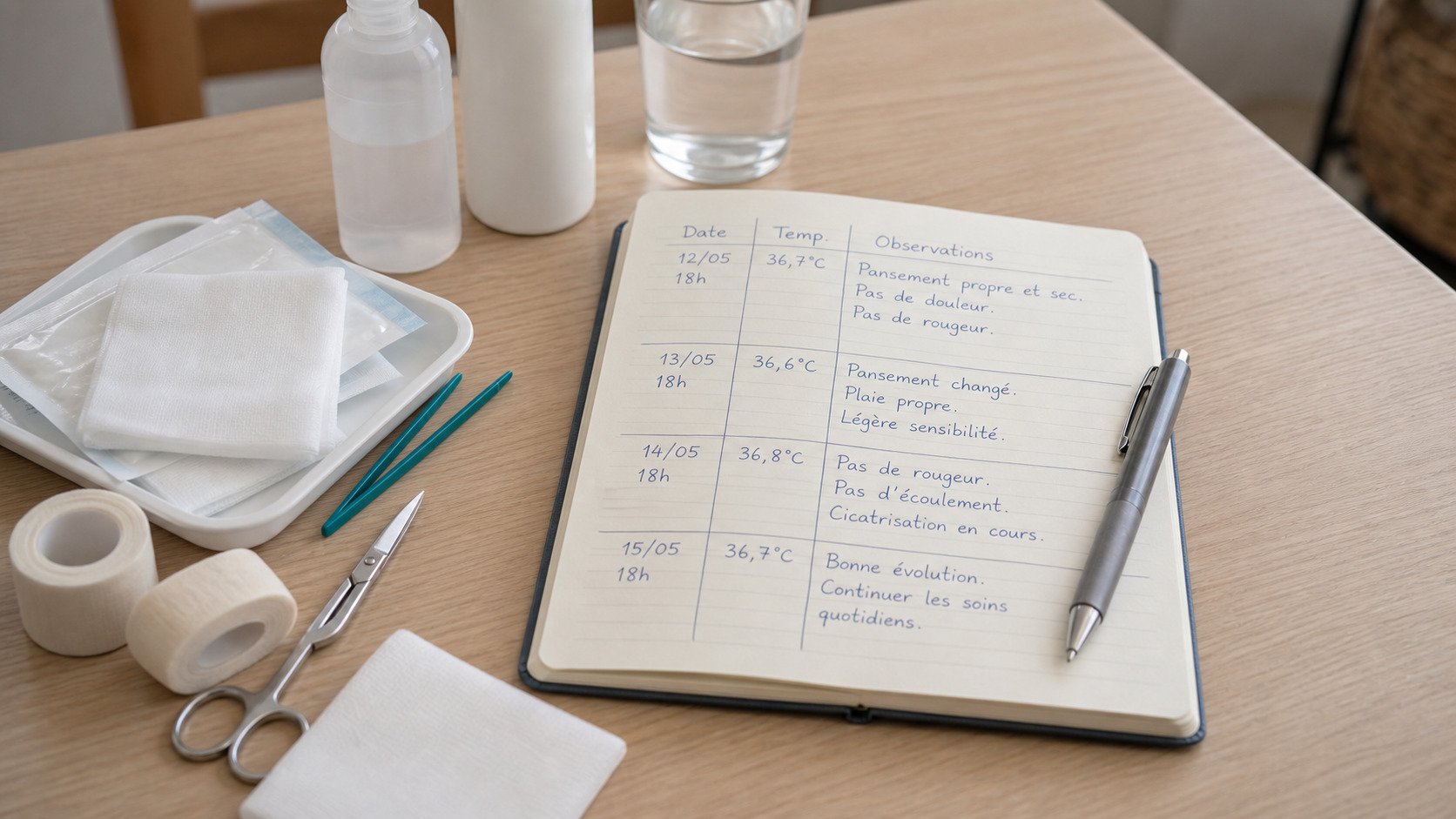 Carnet de suivi de plaie avec température et observations notées